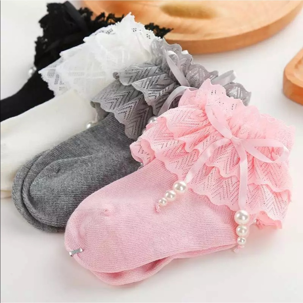 New Girls Princess Lace Ruffle Pearl Bow socks